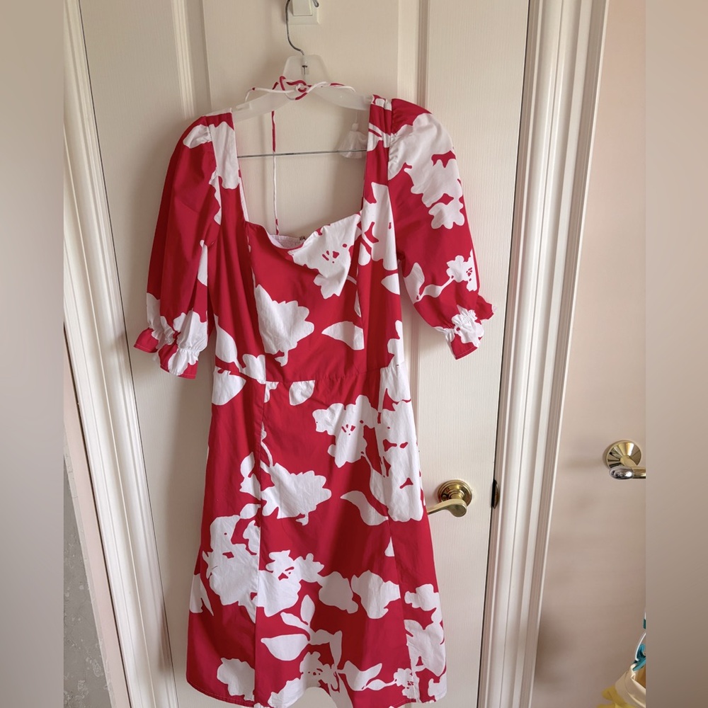 EShakti cottagecore cotton poplin magenta and white floral midi dress - Size 10